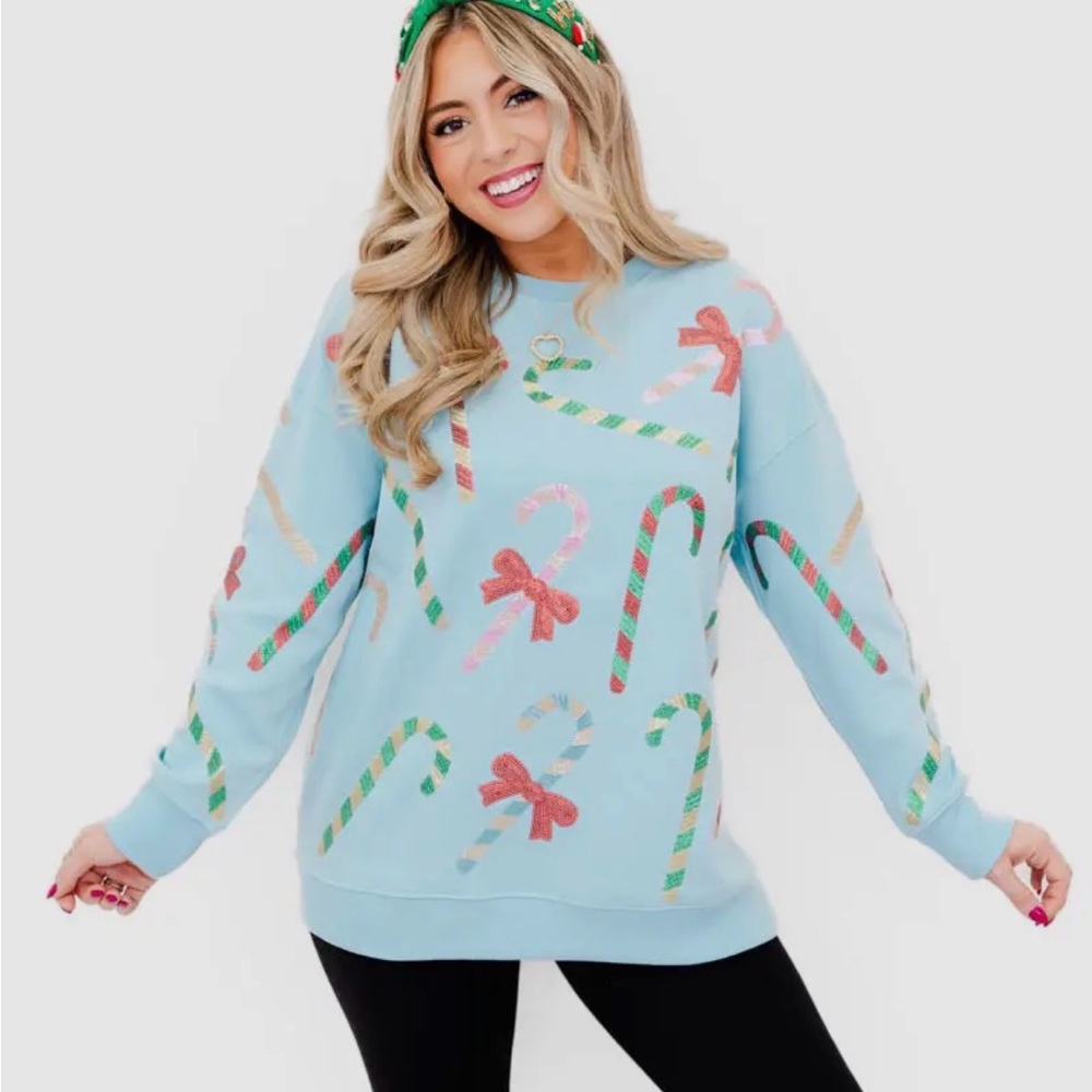 Festive Candy Cane Sequin Light Blue Sweater